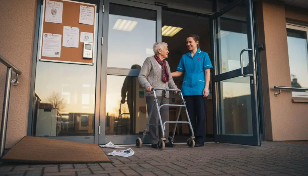 Care home entrance with security keypad