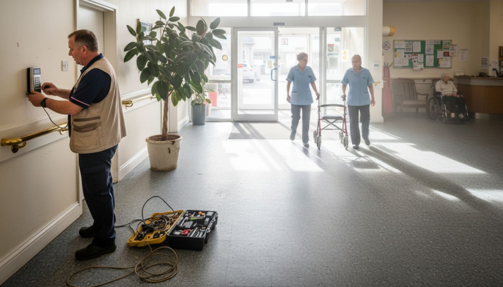 Technician installing keypad at care home entrance