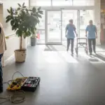 Technician installing keypad at care home entrance