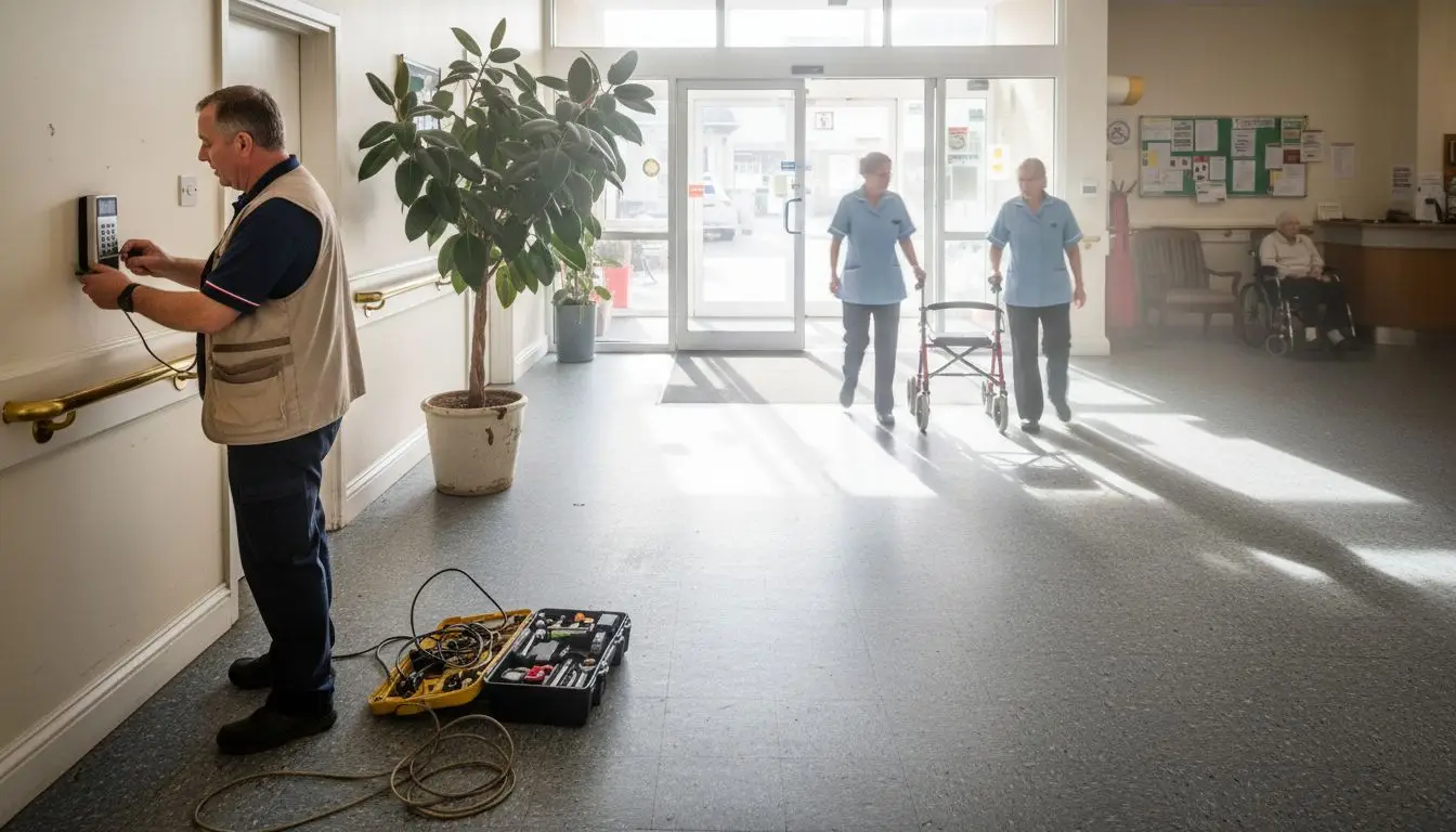 Technician installing keypad at care home entrance