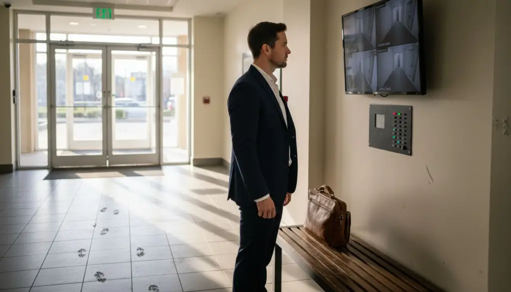 Property manager checking CCTV monitors in lobby