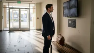 Property manager checking CCTV monitors in lobby