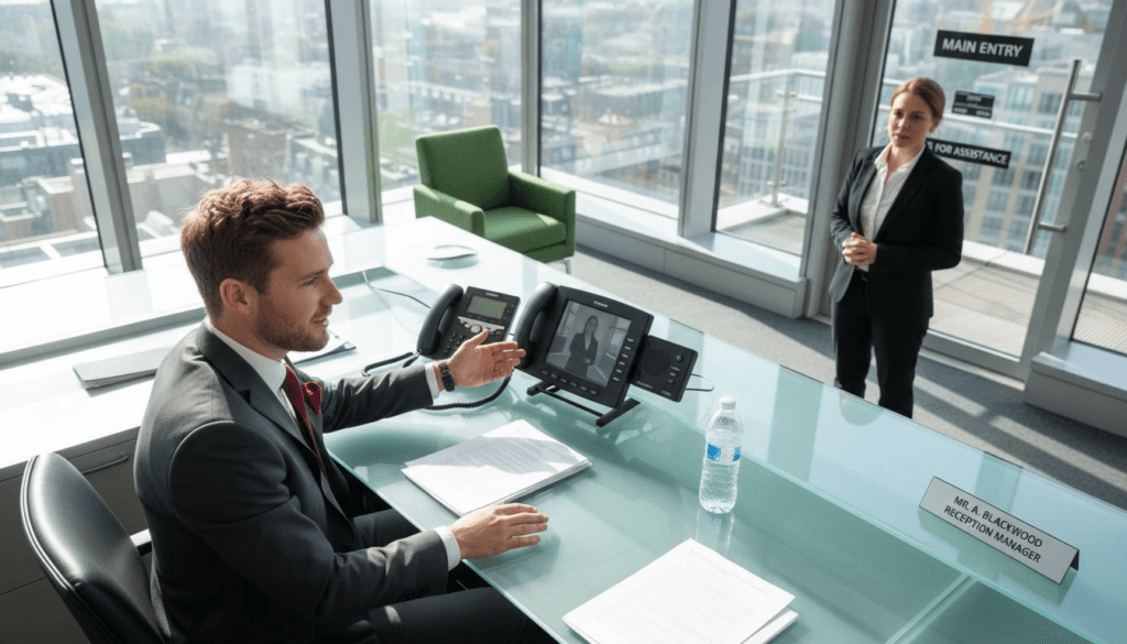 Receptionist monitoring office entry intercom system