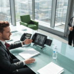 Receptionist monitoring office entry intercom system