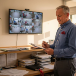 Care home manager checking CCTV monitor