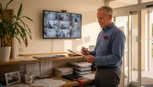 Care home manager checking CCTV monitor
