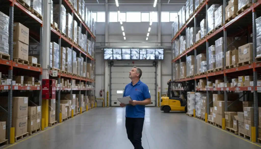 Supervisor checking warehouse security systems