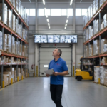 Supervisor checking warehouse security systems