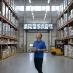 Supervisor checking warehouse security systems