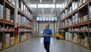 Supervisor checking warehouse security systems