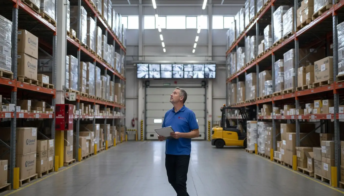 Supervisor checking warehouse security systems