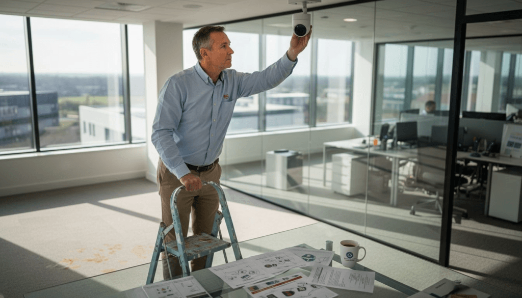Facilities manager installing IP camera in office