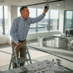 Facilities manager installing IP camera in office