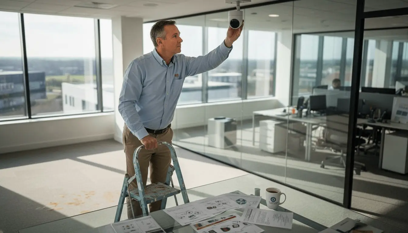 Facilities manager installing IP camera in office Facilities manager installing IP camera in office