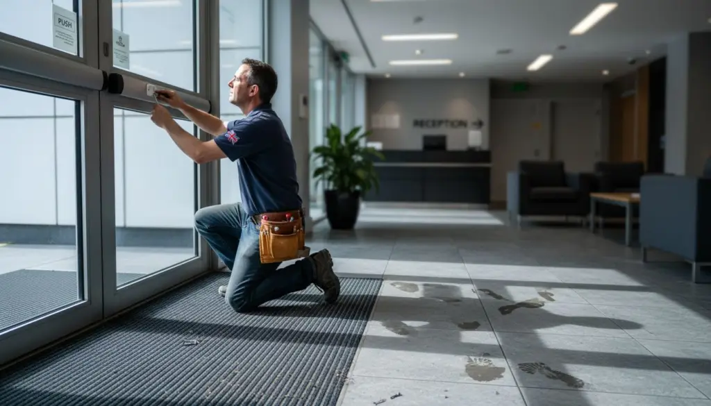 Technician installing burglar alarm entrance