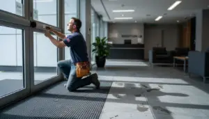 Technician installing burglar alarm entrance