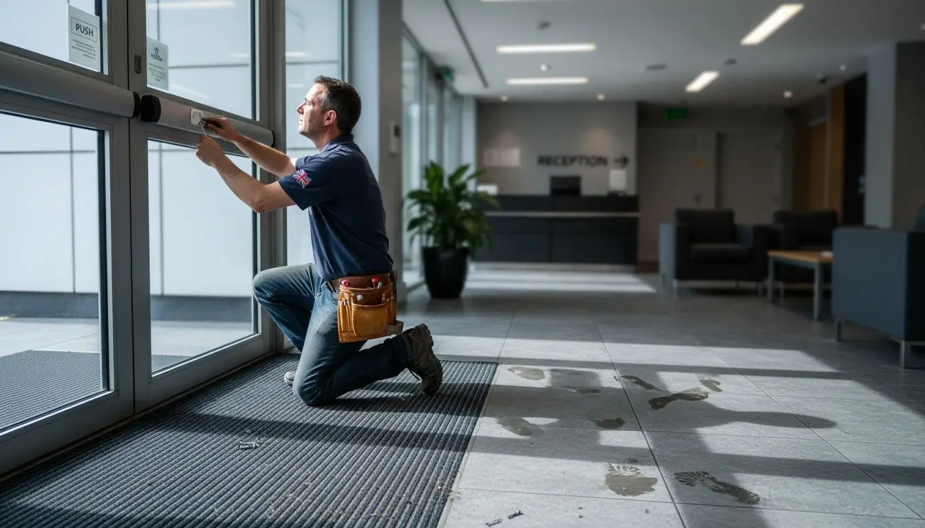 Technician installing burglar alarm entrance