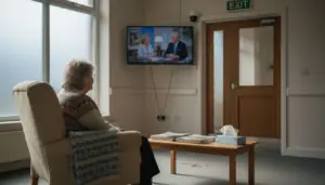 Elderly resident with CCTV in care home lounge