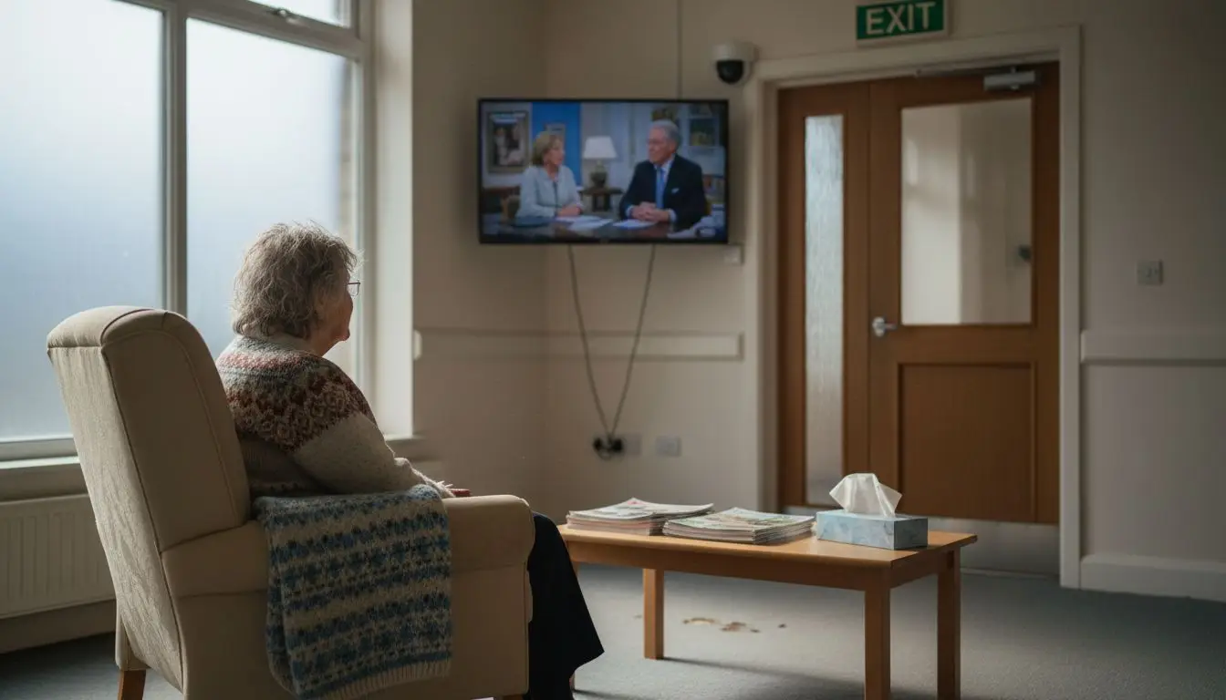 Elderly resident with CCTV in care home lounge Elderly resident with CCTV in care home lounge