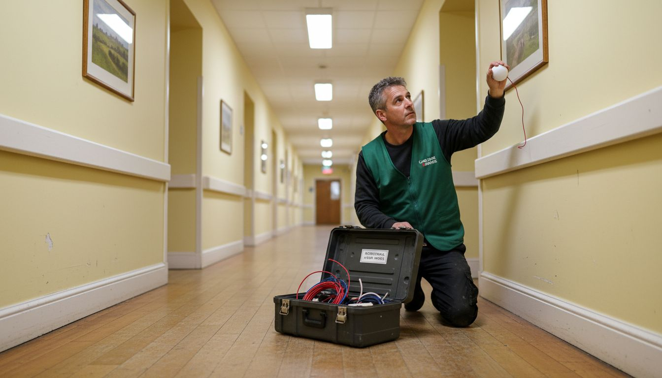 Technician installing hallway sensor in care home