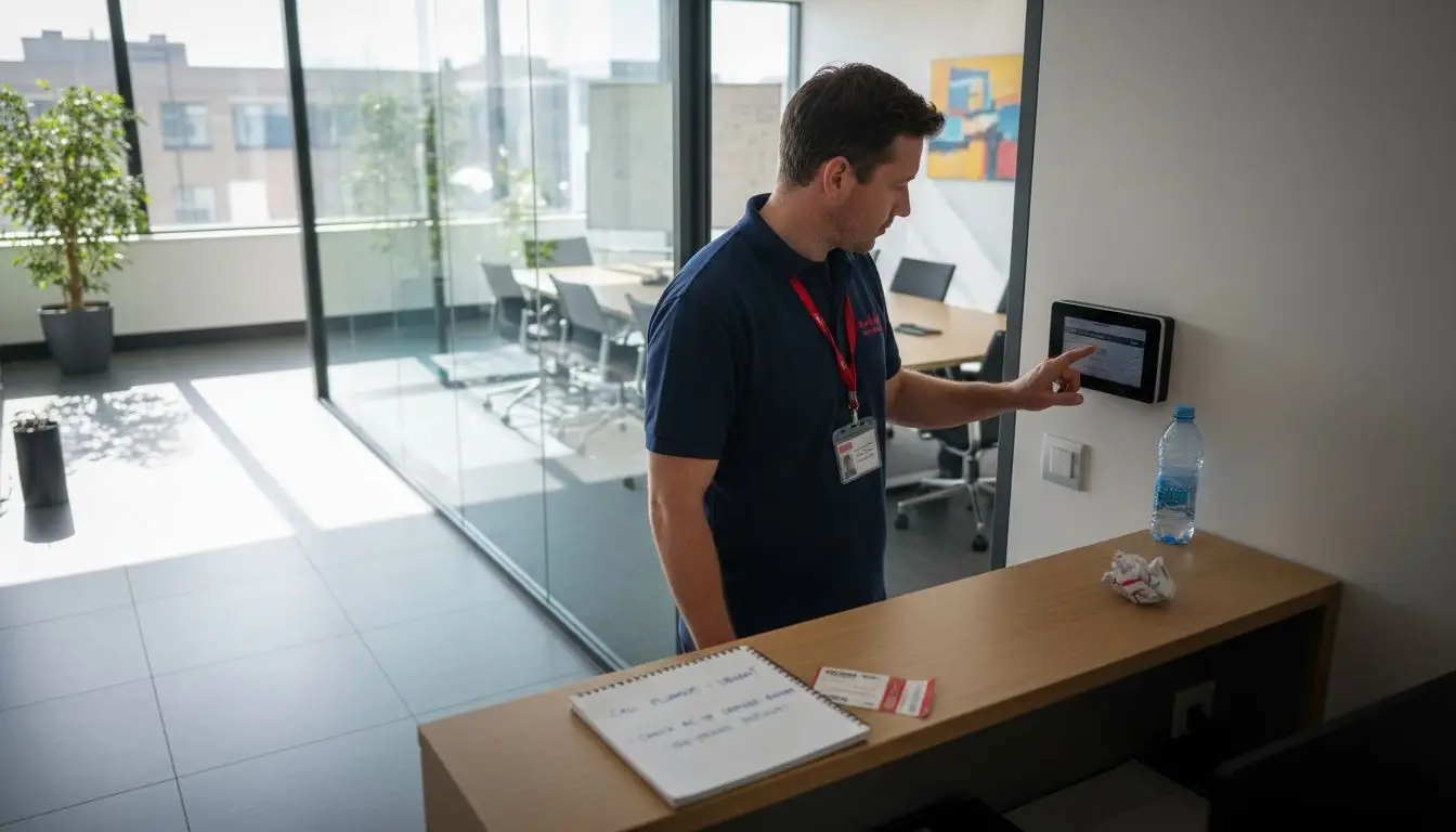 Facilities manager reviewing door entry log Facilities manager reviewing door entry log