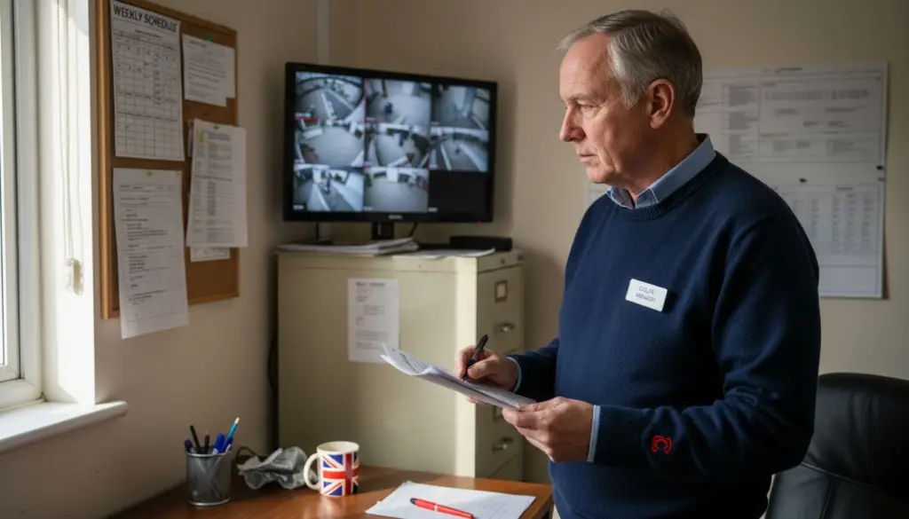 Care home manager reviewing CCTV monitor and checklist