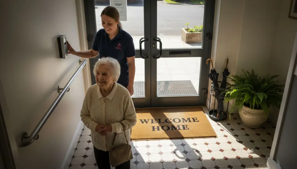 Care home staff using alarm keypad at entrance