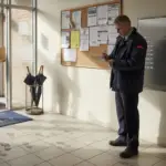 Security guard at building entry panel