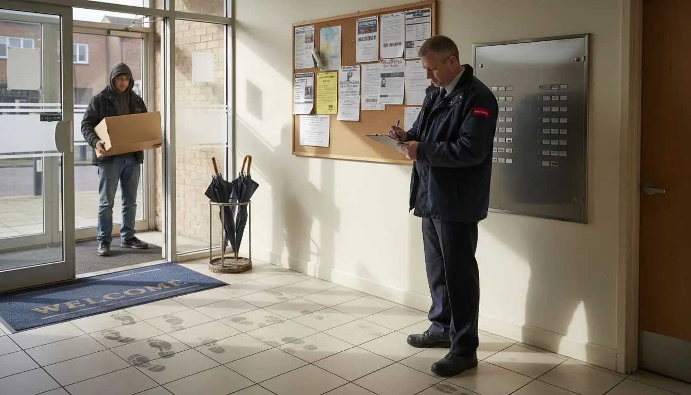 Security guard at building entry panel