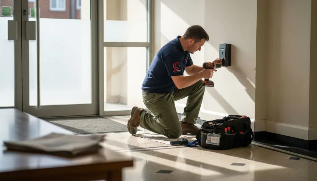 Technician installs door entry keypad Essex building