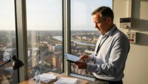 Manager checking alarm status in Essex office