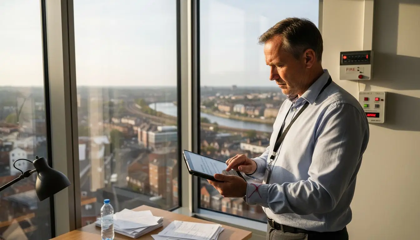Manager checking alarm status in Essex office