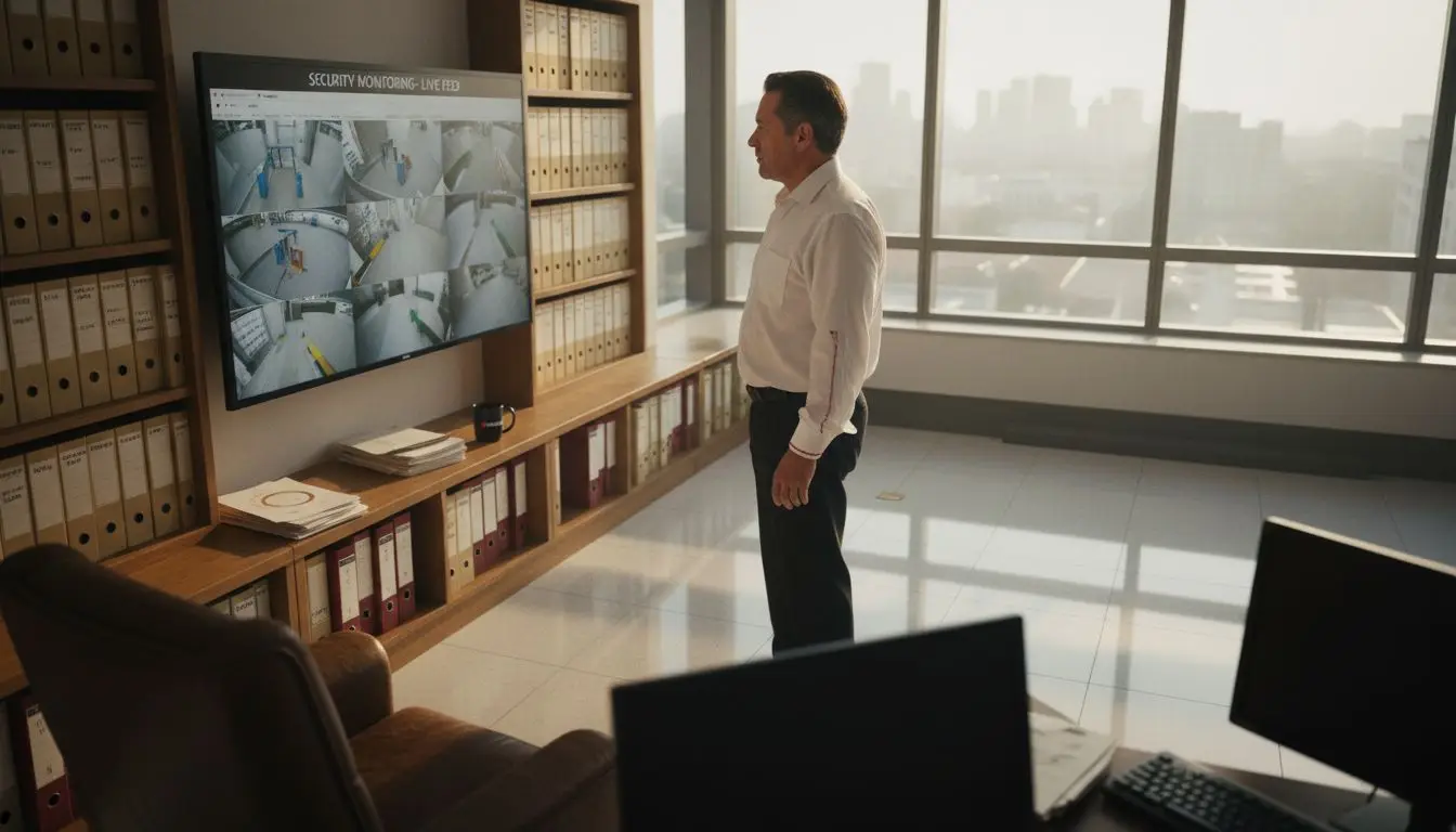 Security manager reviewing CCTV screens in office