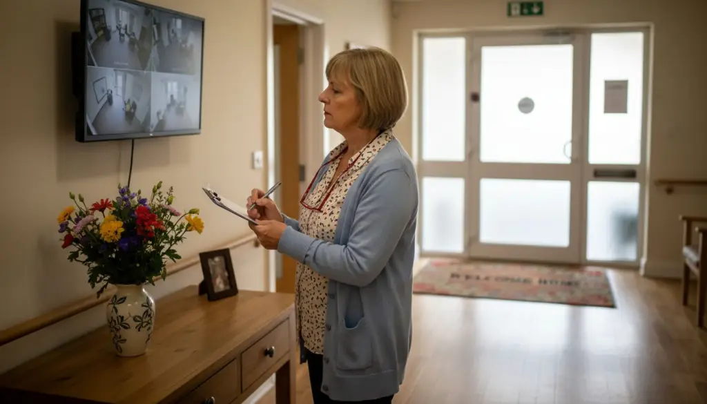 Care home manager checks CCTV monitor in foyer