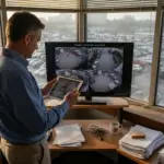 Facilities manager checking security systems