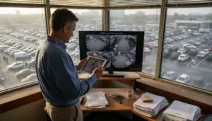 Facilities manager checking security systems