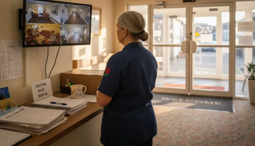 Care worker checks CCTV in home reception