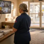 Care worker checks CCTV in home reception