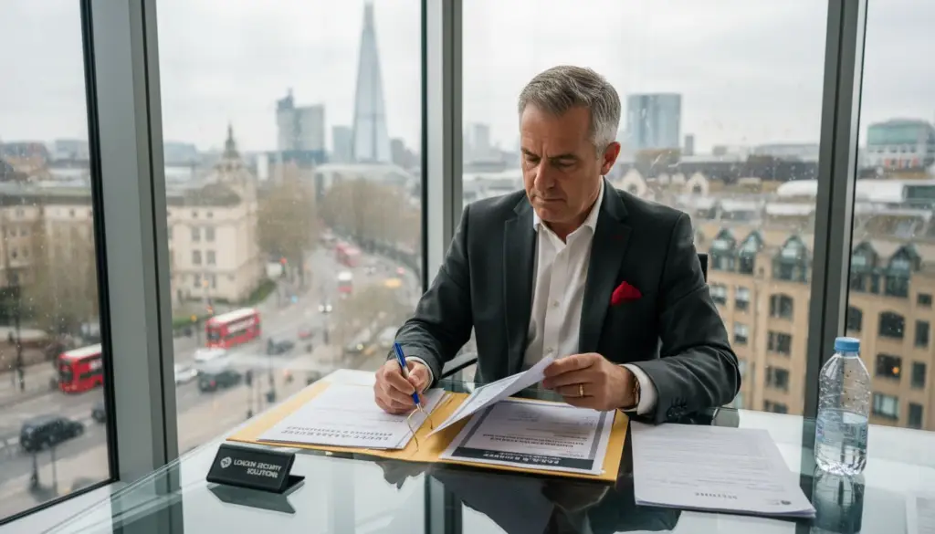 Security manager checks certification in city office