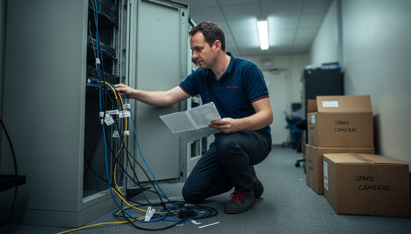 Technician wiring networked CCTV server rack