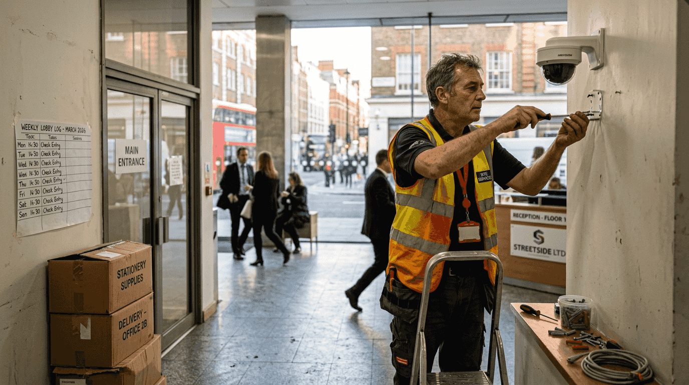 Technician installs CCTV in office lobby