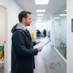 Property manager inspecting smart alarm panel in office