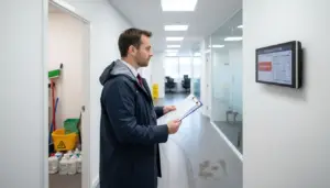Property manager inspecting smart alarm panel in office