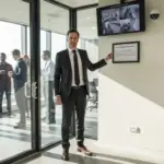 Manager shows CCTV compliance signage in office