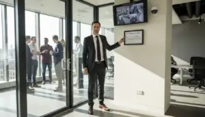 Manager shows CCTV compliance signage in office