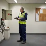 Fire safety inspector checks commercial alarm