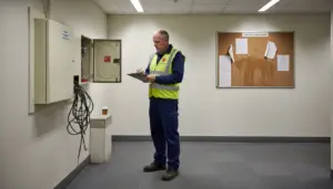 Fire safety inspector checks commercial alarm