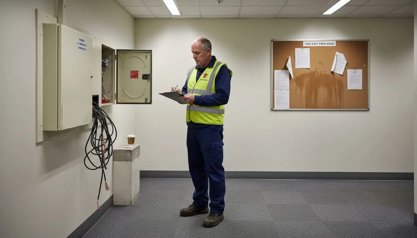 Fire safety inspector checks commercial alarm
