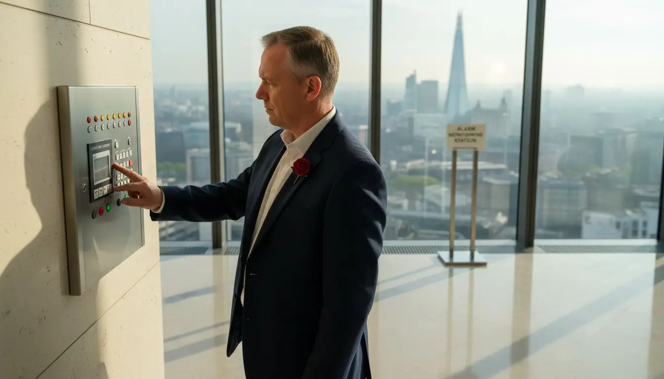 Security manager operating alarm system in UK office