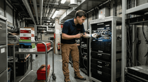 Technician reviewing CCTV storage racks in server room